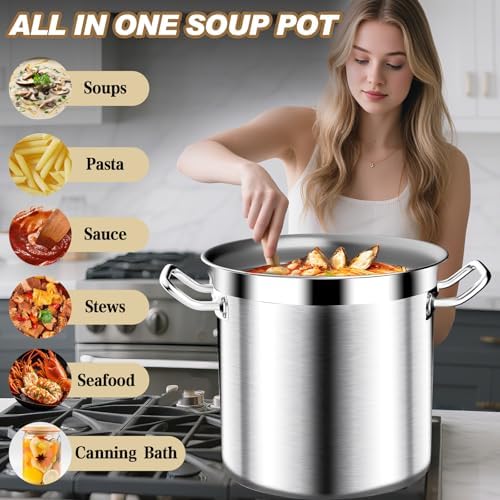 24QT Large Stock Pot - Stainless Steel Stockpot with Lid, Heavy Duty Tri-Ply Bottom Commercial Grade Soup Pot Big Stockpots for Boiling Soup Stew Canning Cooking Pots, Deep Cookware