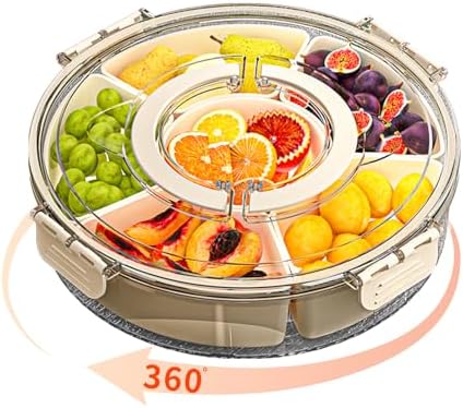 Small Divided Serving Tray with Lid and Handle, Stackable Snackle Box Container for Fruits Candy Organizer, Portable Spinning Rounded Veggie Tray for Kitchen, Party, Trave and Picnic-1 Pack