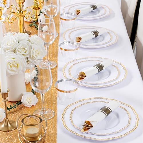 Hioasis 175 Pcs White and Gold Plastic Plates Wedding & Party