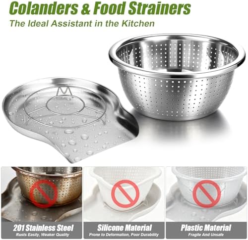 Palksky Stainless Steel Colander Set with Self-Draining Base, 3 Sizes Colanders & Food Strainers for Pasta, Rice, Fruits & Veggies, Metal Colander with Draining Plate for Sink or Countertop