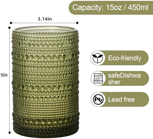 ZMOWIPDL Drinking Glasses Set of 6,15 oz Green Hobnail Glass Cups
