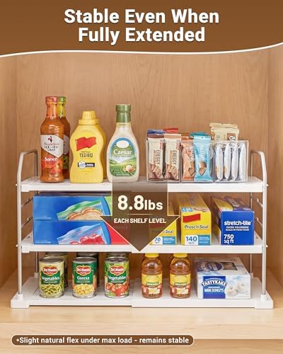 EVERIE Extendable 3-Tier Kitchen Cabinet & Pantry Organizer for Plastic Wrap, Foil & Storage Bags, Adjustable Heavy Duty Shelf Rack for Wrap Boxes, Jars & Snack Boxes (11–16.7 in Wide), Pack of 2