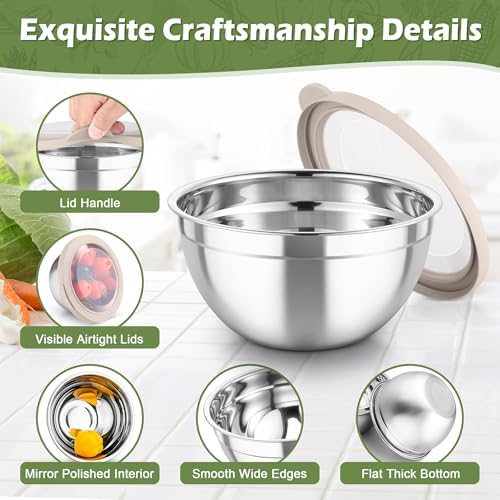 TeamFar Mixing Bowls, 3PCS Stainless Steel Serving Salad Bowls