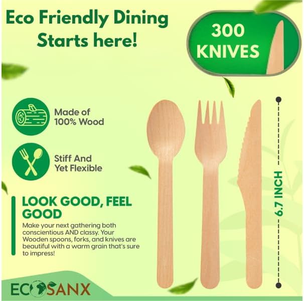 300 PCs Wooden disposable knives for eating, Splinter Free compostable knives - Eco-Friendly - 100% Natural wooden knife for Party & Events - Disposable wooden cutlery for Outdoor, Travelling & More