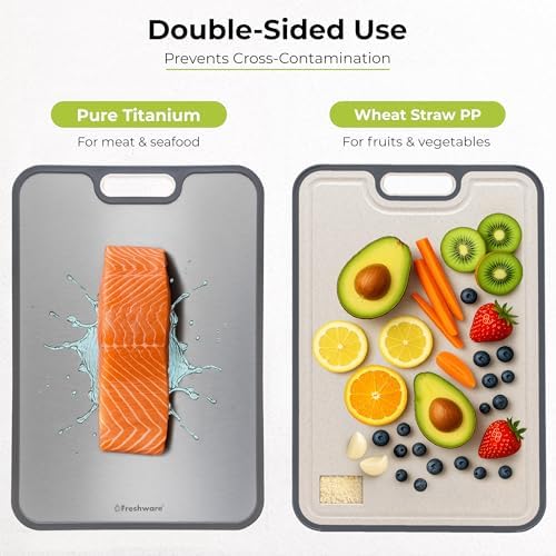 Freshware Titanium Cutting Board for Kitchen, Double Sided and Non Slip Cutting Boards, Pure Titanium/PP, Chopping Board with Juice Grooves, Dishwasher Safe, Large 15.2" by 10.5"