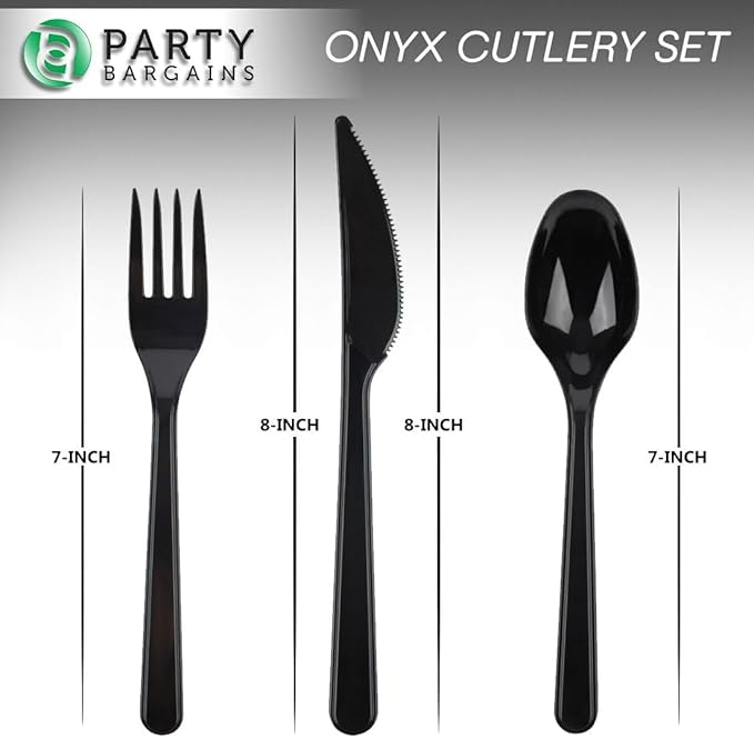 PARTY BARGAINS Onyx Settings Black Plastic Cutlery Set 360‑Piece – 180 Forks, 120 Spoons, 60 Knives – Heavy‑Duty Disposable Utensils for Parties, Weddings, Buffets, BBQs & Catering – BPA Free