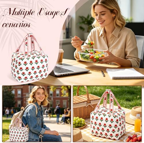 Lunch Box for Women, White Cute Floral Insulated Reusable Lunch Bag