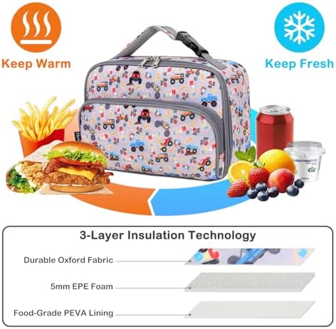 FlowFly Kids Lunch box with buckle Insulated Cooler Back to School Thermal Meal Tote Kit for Girls, Boys, Truck
