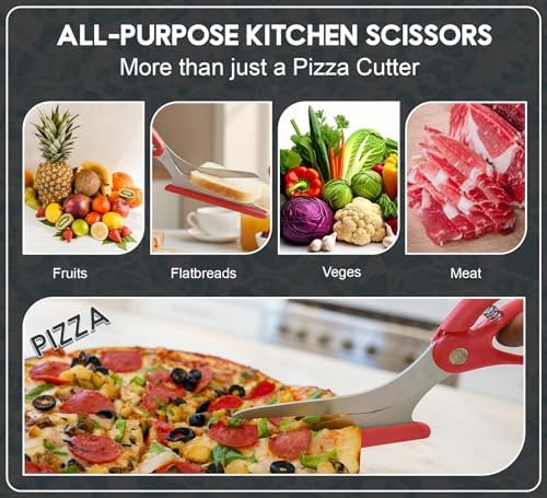 Pizza Scissors with Non Stick Slice Server. Sharp Pizza Cutting Without Topping Mess.Firm Grip, Food Grade Stainless Steel Pizza Cutter. Dishwasher Safe. 4 in 1 Kitchen Scissors