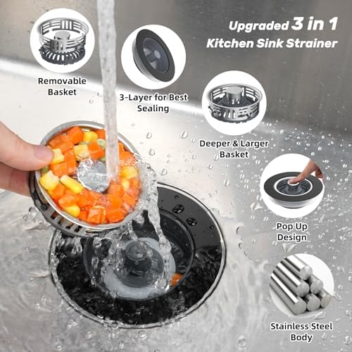 Hibbent 3 in 1 Kitchen Sink Drain Strainer, Stainless Steel Pop Up Stopper