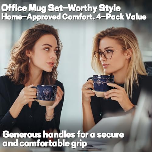 Artena Ceramic Coffee Mugs Set of 4, 16oz Embossed Large Latte Mugs Coffee Cups with Handle for Tea, Latte, Cappuccino & Cocoa, Milk Dishwasher & Microwave Safe, Blue (Damask Floral)