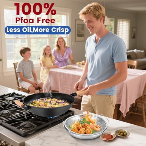 AOSION 13'' Nonstick Wok, Cast Iron Wok with Lid, Wok Pan & Stir-Fry Pans