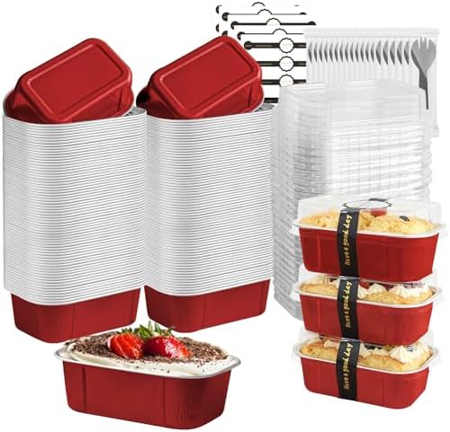 mini loaf pans with lids and spoons 50 Pack,5.5 oz Rectangle mini individual cake tins Disposable Small Aluminum Foil Baking pans(50, Red)