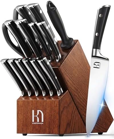 KnifeSaga Knife Set, 15 Pcs Kitchen Knife Block Set, Enduring Razor-Sharp High Carbon Stainless Steel Chef Knife Set with Block and Sharpener, Premium Knives Set for Kitchen, Ash Wood Valentine's Gift