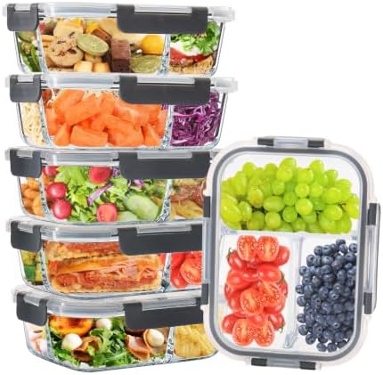 6 Pack 3 Compartment Glass Meal Prep Containers with Lids, 34oz, Grey