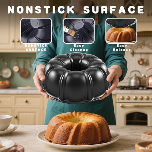 10” Cake Pan, Nonstick Fluted Cake Pan, Buntz Pound Cake Mold,Tube Bakeware,Baking Mold for Jello/Gelatin/Chocoflan, Non Toxic, Easy Clean - Black