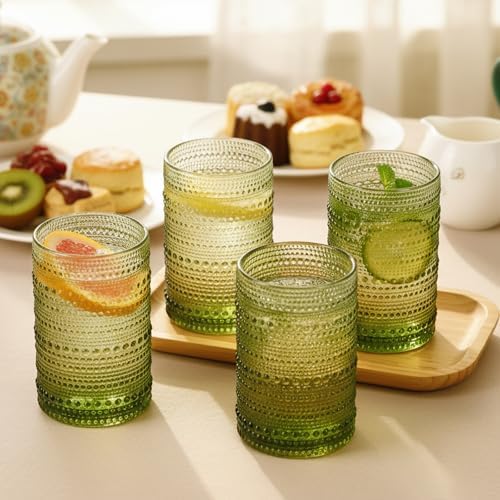 Moretoes 12 Oz Green Hobnail Drinking Glasses Set of 6 Water Glass Cups