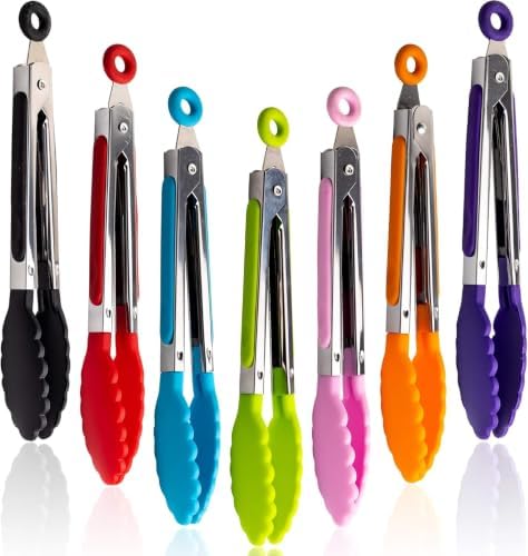7 Pack Kitchen Tongs Set 7-Inch Color Mini Small Food Tongs with Stainless Steel Silicon Handles and Nylon Tips Heat Resistant Tongs for Cooking, Serving, BBQ, Grilling, Salad and More