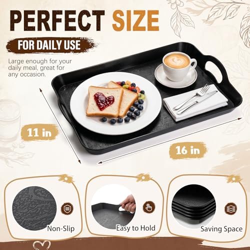 Kathfly 12 Pack 16" x 11" Serving Trays with Handles, Plastic Tray, Black