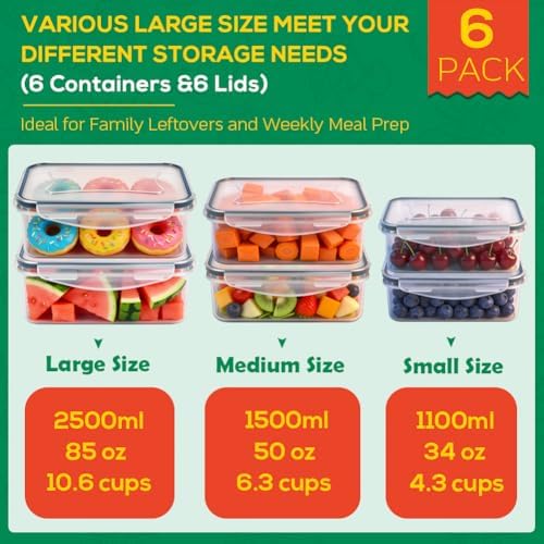 6 Pack Large Thick Plastic Food Storage Containers with Lids Airtight