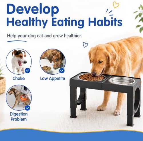 XIAZ Elevated Dog Bowls Large Breed Raised Dogs Bowl Stand Large/Medium Sized Dog Stainless Steel Food Water Bowl Stands 5 Heights Adjustable 9/11/12/14in Black Pet Feeder Dish Station