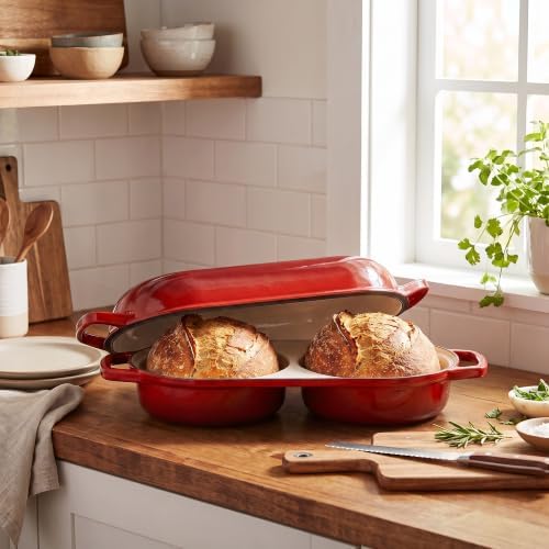 EDGING CASTING Enameled Cast Iron Double Bread Dutch Oven, Red