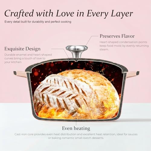 Overmont Enameled Cast Iron Dutch Oven - 2QT Pink Heart-Shaped Mini Pot