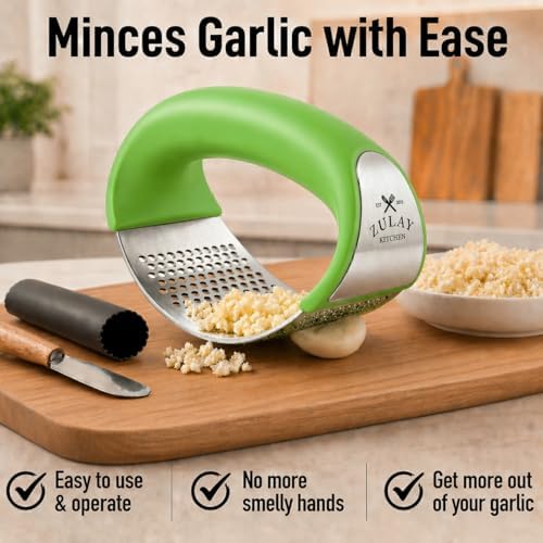 Zulay Kitchen Stainless Steel Garlic Press Rocker Set - Premium Garlic Mincer Garlic Crusher - New Innovative Garlic Crusher with Peeler and Scraper - Comfortable Grip (Green)