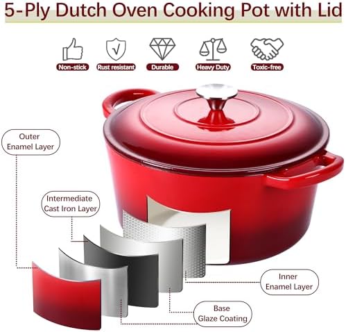E-far 7QT Enameled Dutch Oven, Cast Iron Dutch Oven Pot with Lid for Cooking/Bread Baking/Braising/Roasting/Stewing, Heavy Duty Round Nonstick Cookware Safe for Induction & Oven - Red