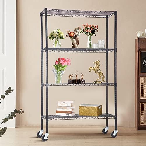 BestOffice | 4-Tier Wire Shelf with Wheels | 36" x 14" x 62" | Black