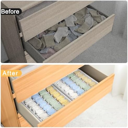 joyoldelf Sock Drawer Organizer Divider Underwear Organizer 24-cell Fabric Dresser Drawer Organizers Storage Boxes for Socks Lingerie, Handkerchiefs, Ties 4 Pack (White)