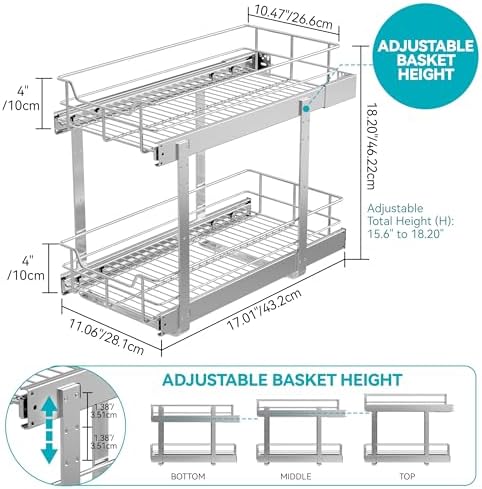 2 Tier Pull Out Cabinet Organizer 11" W X 22" D, Chromed, Full Slide Out