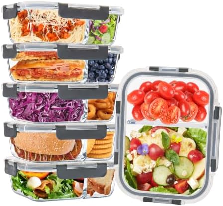 6pack, 34oz, 2 Compartment Glass Meal Prep Containers with Lids, Grey