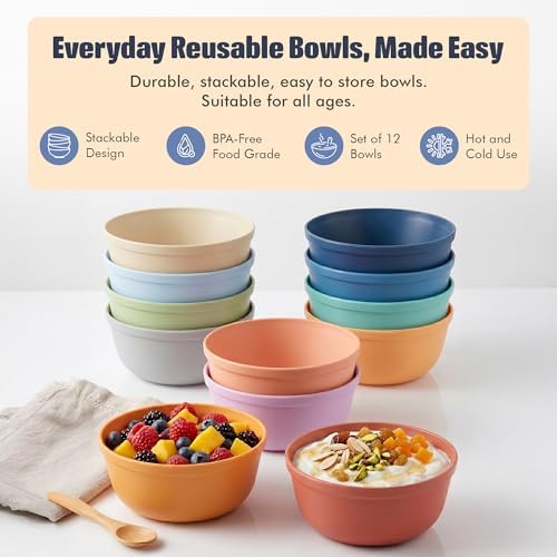 MASTERCOOK Plastic Bowls Set of 12 – 15oz Multipurpose Deep Plates Salad and Pasta Bowls Ideal for Home, Kids, Parties – Stackable Bowl for Kitchen – Non-BPA and Food Grade – Cute Colors