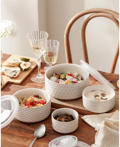 Serving Bowls with Lids, Ceramic Nesting Bowls Set of 4, Off-White