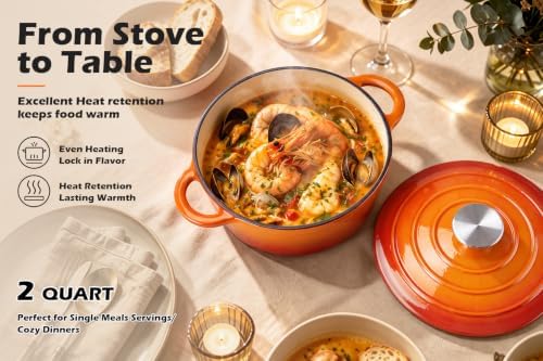 Leonyo 2-Quart Small Enameled Cast Iron Dutch Oven Pot with Lid, Orange