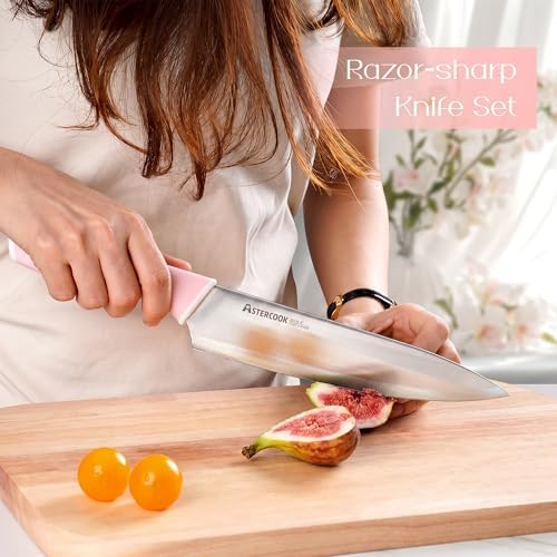 Astercook Knife Set, Kitchen Knives Set with Block and Sharpener 15 Pcs German Stainless Steel Sharp Blade Dishwasher Safe with Ergonomic Handle, Crystal Pink