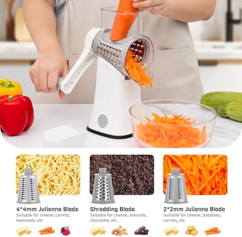 5-in-1 Rotary Cheese Grater Hand Crank, Vegetable Slicer Shredder with 5 Interchangeable Blades, Graters for Kitchen, Safe Kitchen Tool for Cheese, Nuts, Chocolate, White