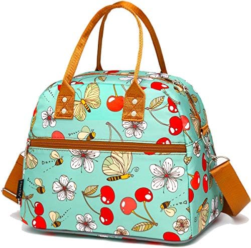 FlowFly Insulated Lunch Bag With Shoulder Strap for Women, Men, and Kids, Large and Reusable, Handle, Freezable Work and School Travel Tote and Meal Prep Organizer,Turquoise Cherry