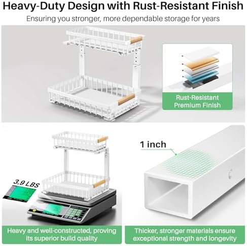 Kitstorack Under Sink Organizer, 2 Tier Under the Sink Storage, Slide out Pull out Cabinet Organizer Shelf, Metal Sliding Drawer for Kitchen Bathroom Pantry Closet Organization Rack, White, 1 Pack