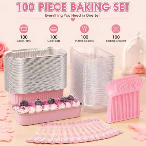 100 Pack Mini Cake Pans with Lids and Spoons, Disposable Aluminum Foil Cake Tins（6.8oz） Mini Loaf Pans with Lids for Party, Wedding, Birthday