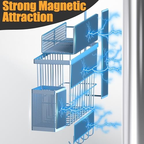 Magnetic Spice Rack for Refrigerator, 7 Pack Metal Magnetic Shelf, Moveable Magnetic Storage Fridge Organizer, Spice Organizer, Hook Rack, Paper Towel Holder, Utensils and Cutting Board Holder, Blue