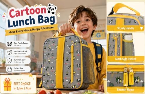 Lunch Box Kids,Cute Cartoon Insulated Lunch bag for Kids Boys Girls Portable Lightweight Small Lunchbox Special Design for school Picnic Outdoor