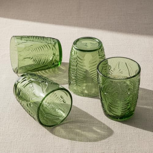 Green Drinking Glasses Set of 8, 10 oz Glass Cups, Vintage Fern Glassware