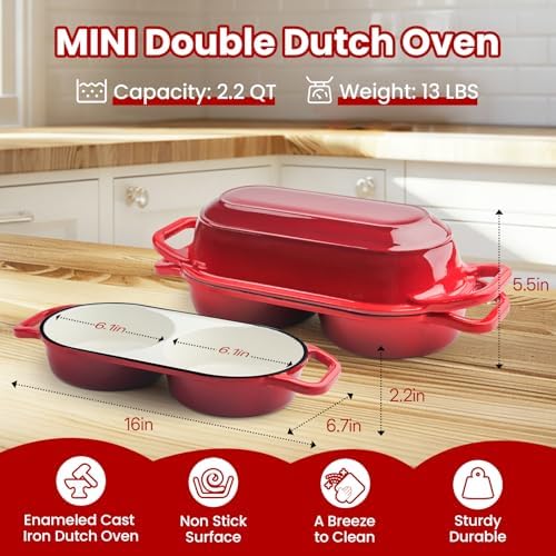 YONILL Mini Double Dutch Oven with Lid for Sourdough Bread Baking (Red)