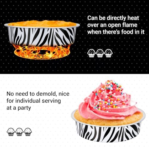 Beasea Disposable Baking Cups, 100 Pack 7.3oz 215ml Aluminum Foil Ramekins Only, 4" Mini Tart Pie Cups No Lids Baking Tin Ramekin for Party Cupcake Cheesecake Pie - Zebra Stripes