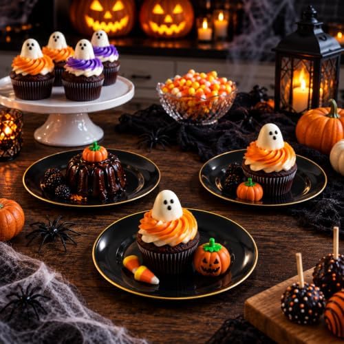 KIRE 200Pcs Black Plastic Plates - Black and Gold Plates Disposable for Party - Include 100 for Dinner and 100 for Dessert for Birthday/Wedding/Halloween