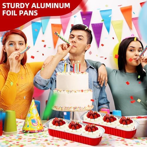 100PCS Red Mini Loaf Pan with Lids and Spoons 6.8oz Rectangular Aluminum Foil Bread Pan 10oz Square Cake Cup with Decal Disposable Baking Supply for Graduate Wedding Birthday
