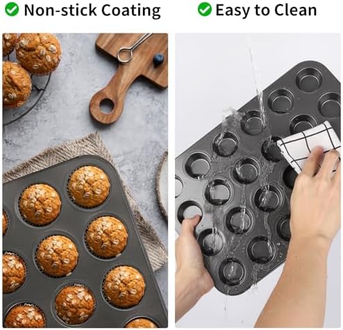 Beasea Nonstick Mini Muffin Pan 24 Cups, 2 Pack 24 Mini Small Tiny Cup Non Stick Muffin Baking Pan Tin Tray Carbon Steel Bakeware Individual Cupcake Baking Pan - Black