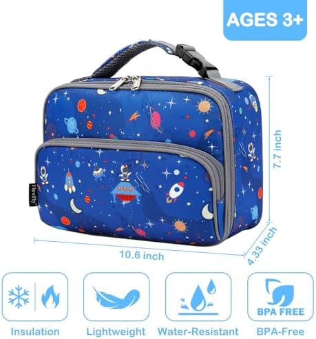 FlowFly Kids Lunch box Insulated Soft Bag Mini Cooler Back to School Thermal Meal Tote Kit for Girls, Boys, Astro&Rocket